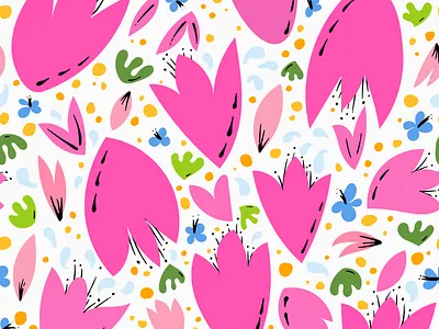 "Breezy Tulips" Grow & Bloom Pattern by Julia Barry adobe bright colorful design flowers graphic hand drawn illustration illustrator julia barry leaves pattern pattern design pink procreate product design scatter surface design tulips whimsical