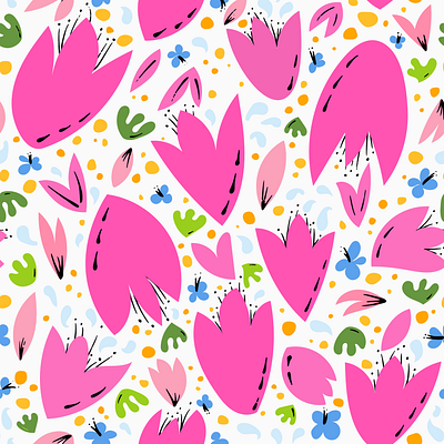 "Breezy Tulips" Grow & Bloom Pattern by Julia Barry adobe bright colorful design flowers graphic hand drawn illustration illustrator julia barry leaves pattern pattern design pink procreate product design scatter surface design tulips whimsical