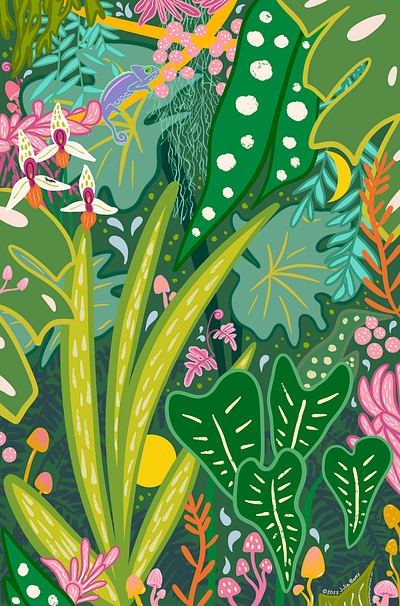 "Into the Jungle" Mural Commission by Julia Barry aloe botanical bright bromeliad chameleon colorful commission design hand drawn illustration julia barry jungle lush mural nature orchid painting plants procreate tropical