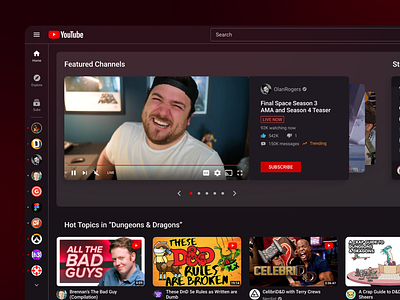 YouTube - Reimagined app content darkmode dashboard design home page hulu netflix redesign refresh streamer streaming twitch ui video web youtube