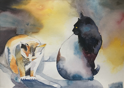 Watercolor - observing my surrounding cats design painting watercolor