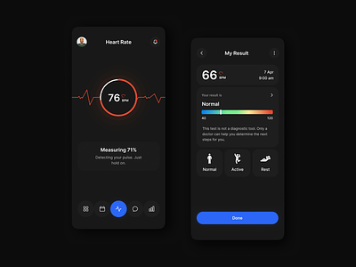 Heart rate - Mobile app activity android design cardiology dark ui health track app heart rate ios design iot medicine mobile app mobile app design monitor patient monitoring pulse sport tracker ui wearable