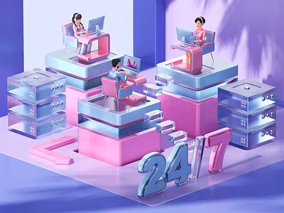 Service 24/7 3d 3dart 3dcharacter 3ddesign 3dillustration 3dmodeling b3d character cinema4d colorful design illustration loop redshift render set uiux