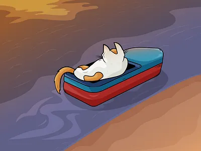 Cat on the boat 2d boat cat design illustration lake vector
