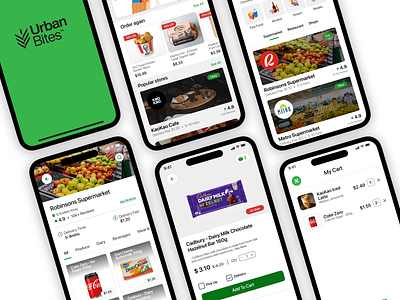 UrbanBites - Grocery Delivery App UI app app design branding delivery app design food app graphic design grocery app landing page minimalist ui ui design uiux urban urban design