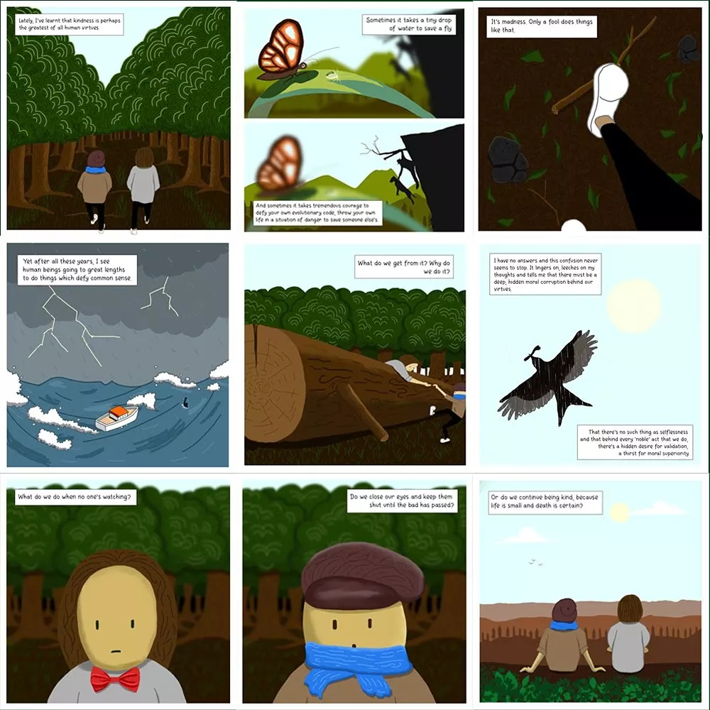 Comic 1: Kindness character comic illustration comic strip concept design drawing graphic design illustration journey mapping photoshop sketching storyboarding ui user persona ux