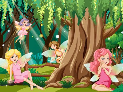 Four Tiny Fairies cartoondesign dribbble enchantingdance fairymagic fourlittlefairies graphic design illustration magicalfairytale moonlitgrove tinywonders