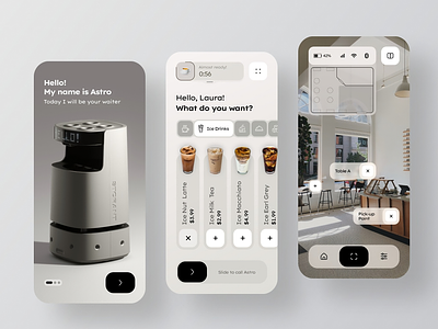 Robotic cafe - Clients and Stuff mobile app UI/UX Design cafe mobile app design minimal mobile app robot interface ui user experience user interface user interface design ux