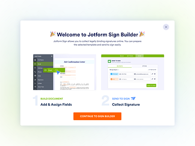 Welcome to Jotform Sign Builder Modal esignature jotform modal modaldesign onboarding product screen sign signature ui web welcome