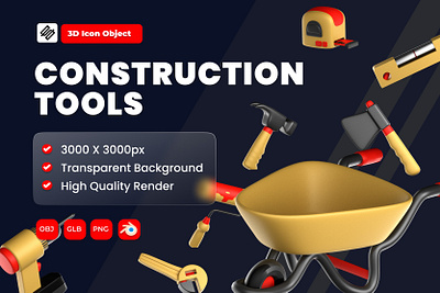 Construction Tools 3D Icon Pack 3d 3d rendering construction design graphic design icon illustration tools worker