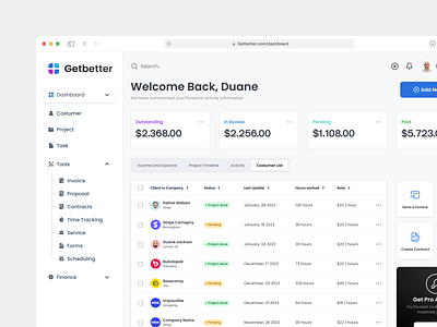 GetBetter SaaS Platform activity card clean contract costumer dashboard design invoice lightmode management productivity project saas timeline ui