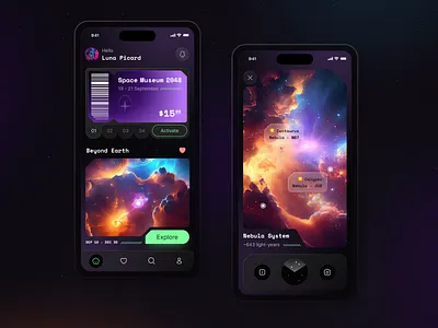 AR Space Guide app app design ar ar app ar museum dark dark theme design future futuristic gallery guide illustration mobile mobile app product design sci fi space ui ux