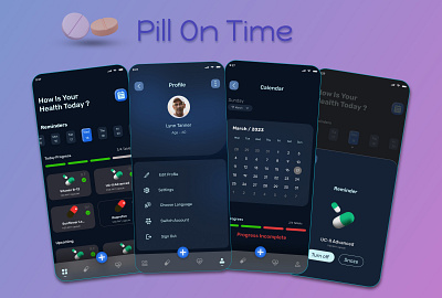 Pill Reminder darktheme figma illustration mobileapp pill pill reminder ui uidesign ux writing uxdesign