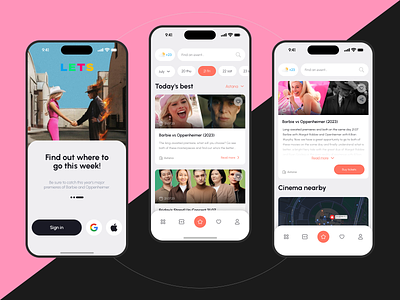 Mobile app for finding events in your city LETS! activity app artist barbie cillian murphy city concept design event graphic design interface margot robbie mobile oppenheimer search typography ui ux