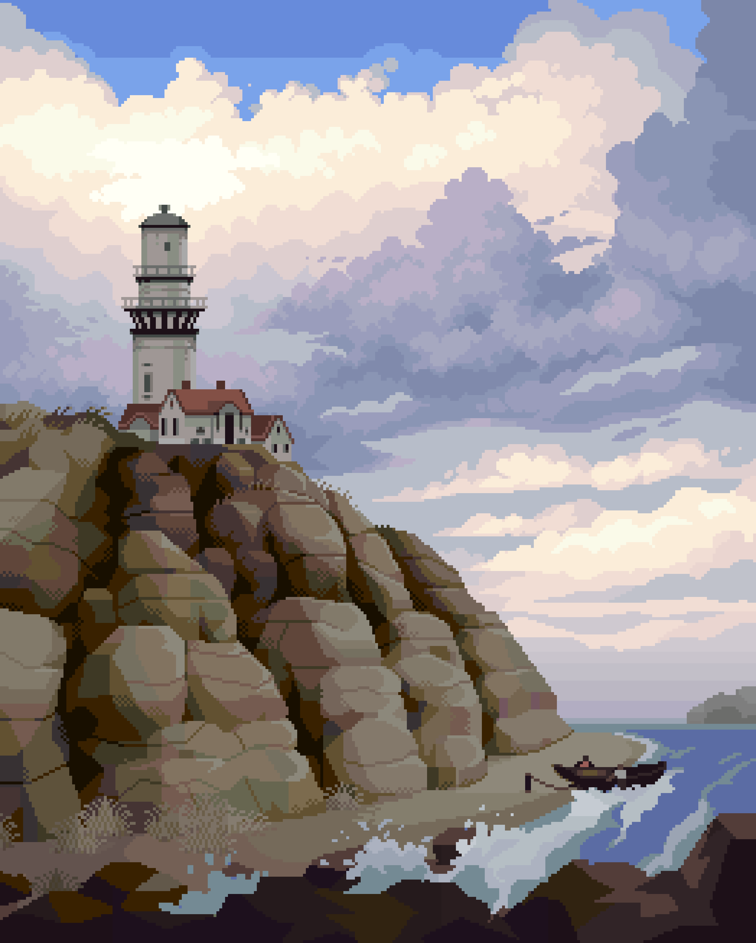 Calm before storm 8bit beach boat building cliff clouds contrast creak illustration lighthouse pixelart retro sand