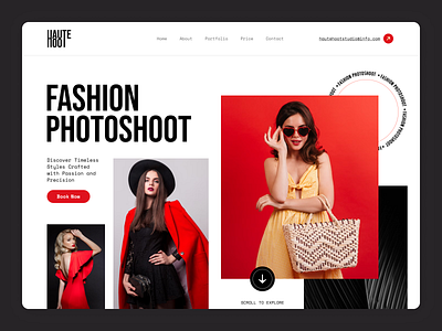 HauteHoot Fashion Website animation black clean clothes design fashion figma landing page minimal photoshoot photoshoot website product red style typography ui ux web website website design