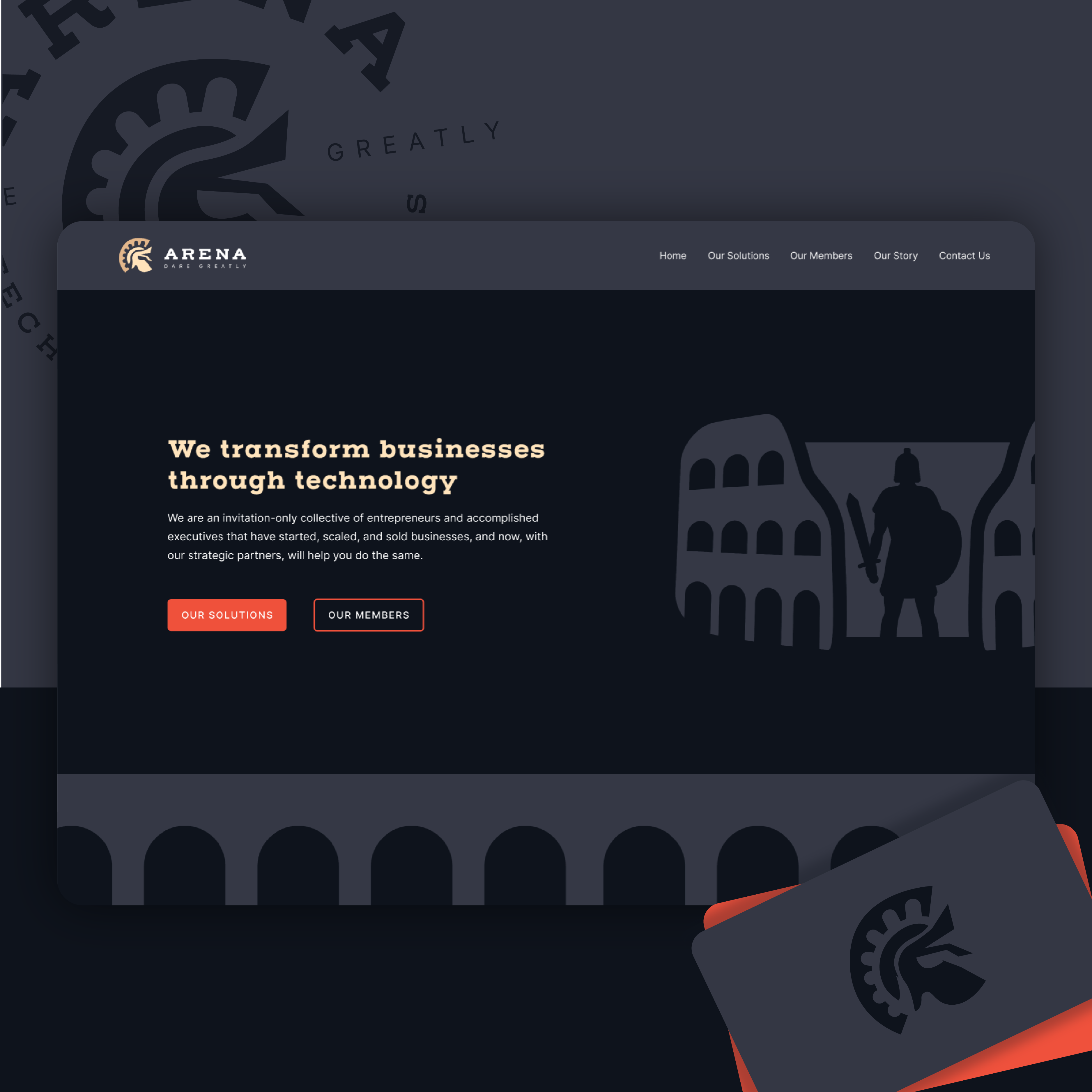 Arena Branding and Website arches arena branding colosseum dark dark mode gladiator helmet logo roman soldier sword website