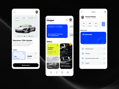 Rental mobile app app app design blog bonus card booking app car car rent car rental app car sharing clean design driver mobile app mobile ui offers rent tariffs transport ui design uxui