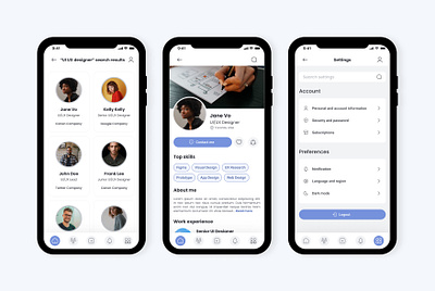 Search, Profile & Setting screens, Mobile Application Design app app design blue dailyui design employee employer employment job mobile mobile app design profile recruitment resume search setting social network ui user ux