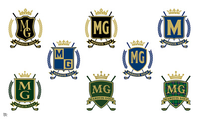 Marquis Golf_logo concepts_BRD_7-20-23 banner branding crest crown design emblem golf golf club illustrator laurel logo retro ribbon shield sports vector vintage