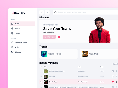BeatFlow - Music Player Dashboard audio audio player dashboard design music music player player playlist song sound trend design ui ux web web design website