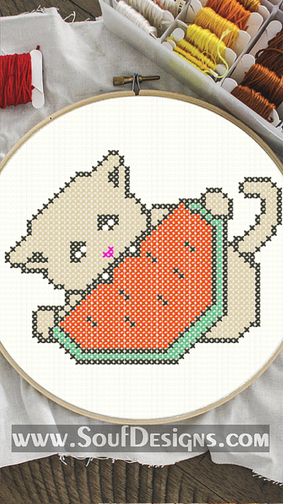 Watermelon Kitten Embroidery Cross Stitch Pattern embroidery