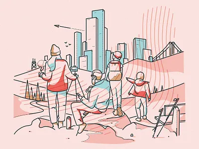 Seeing the world boundless characters design editorial escape family hiking hills icon illustration landscape magazine minimal parents thumbprint trust ui walking