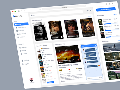 Moveefy blue branding browser cinema dark mode dashboard design download manager film logo macos mockup movie product design safari streaming ui ux