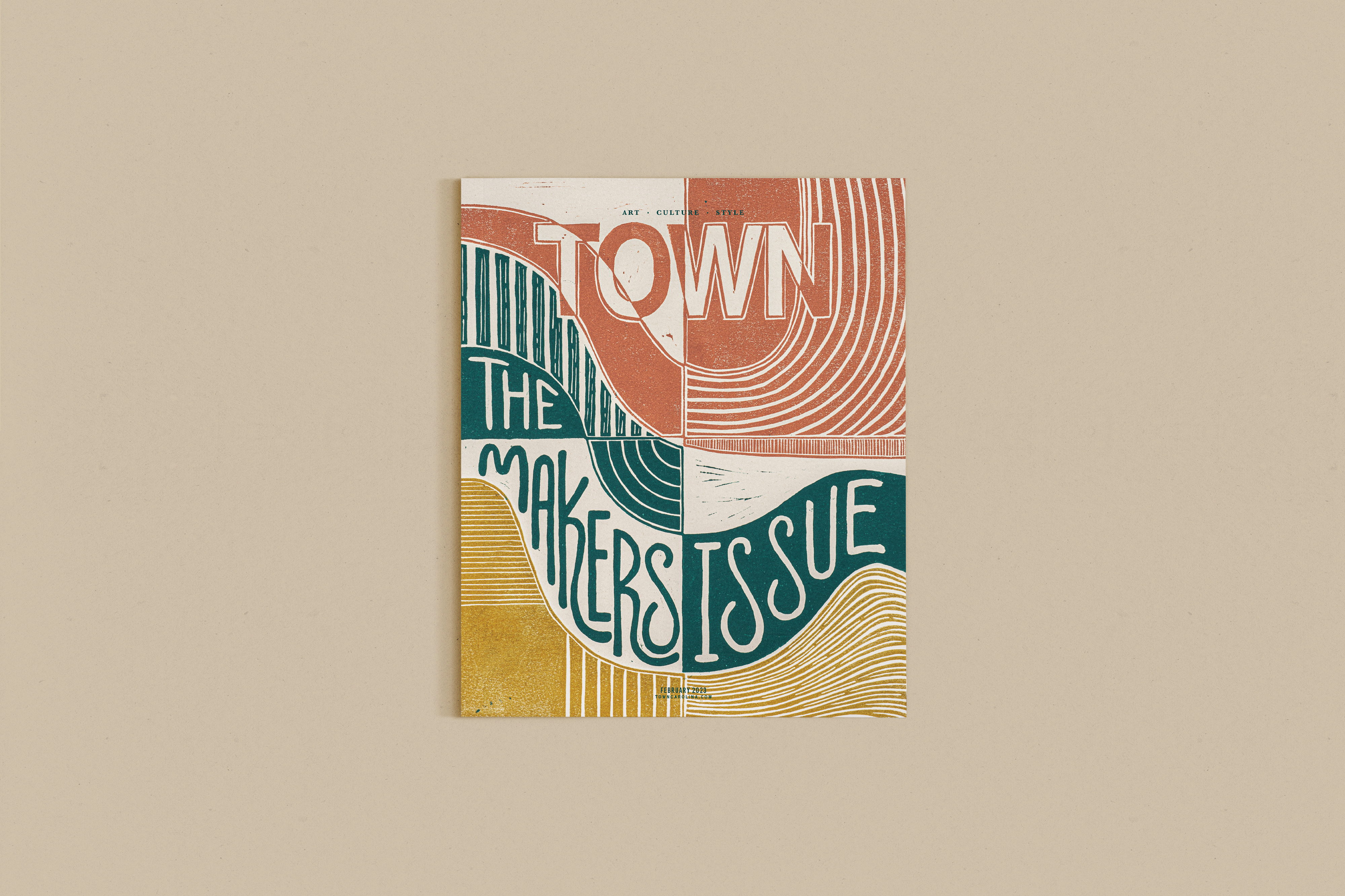 February TOWN Linocut Cover art direction block print community journals design graphic design hand printing illustration linocut magazine cover makers printing printmaking south carolina southern lifestyle magazine the makers issue town carolina town magazine typography