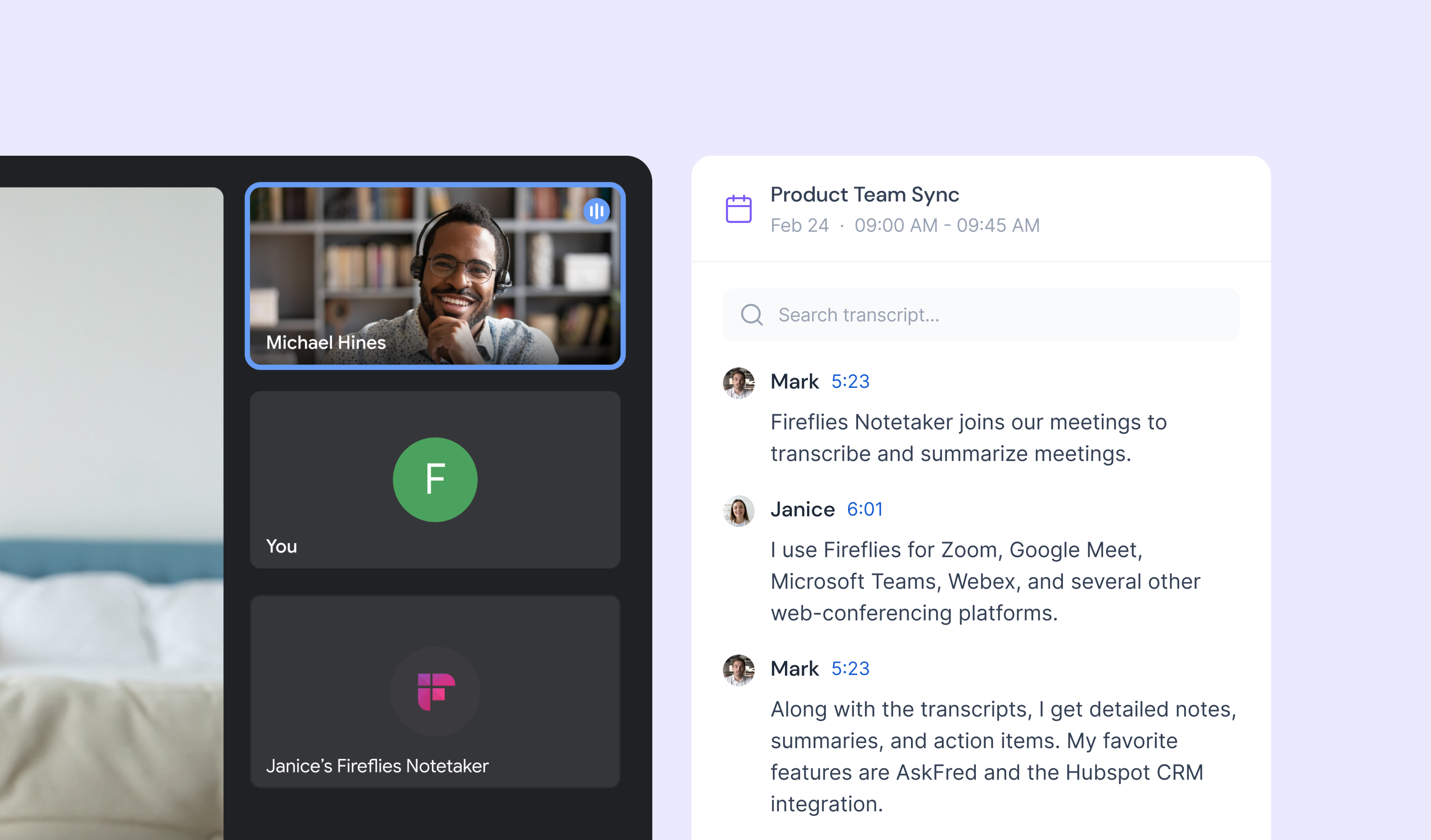 Product Intro Motion Graphics - Storyboard Frame ai app design illustration meeting meetings motion motion graphics online meeting product trailer purple transcript ui ux video meeting web conference website