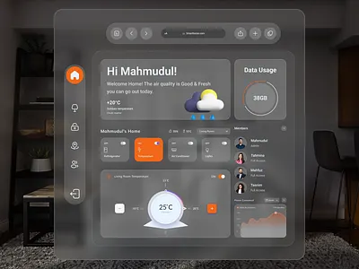 Smart Home For Vision OS apple vision pro augmented reality branding dashboard design easy life glassmorph home automation mobile control product design remote control secured system smart control smart devices smarthome spatial ui ui ux vision os vision pro