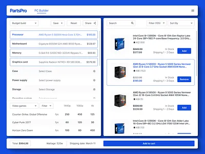 PartsPro - PC Builder blue components computer dashboard data design designer figma gaming graphic design modern photoshop saas simple ui user experience user interface ux web