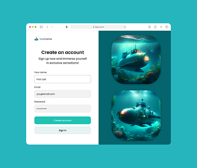 Registration screen for submarine trips ai ai design dailyui design esthetic design figma graphic design log in registration page sea sign in submarine ui uiux ux water webdesign webpage website