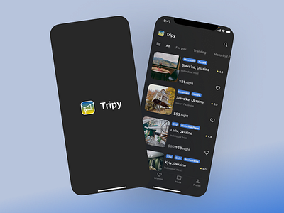 Tripy - Travel service - Mobile app animation app application booking branding design graphic design journey logo mobile mobileapp motion graphics tour travel travel app travelapp trip ui ukraine voyage