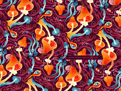 Psychedelic vivid mushrooms on fabric pattern for apparel annapogulyaeva art eye fabric fabric pattern floral pattern graphic design illustration mushrooms print for apparel print for clothes psychedelic print snail textile design vivid colors