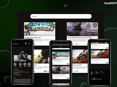 Quadent game reviewing platform branding dark dark mode gaming graphic design prototyping responsive ui ux