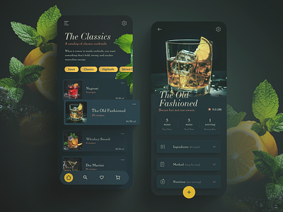 Cocktail Drink App Concept app design cocktails creative direction dark design drink app ecommerce figma interaction interface design mobile old fashioned product design product page recipes ui visual design