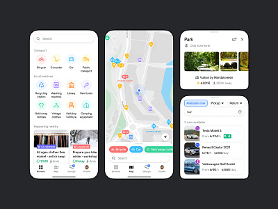 Tenant — Exploring sharing services in a neighborhood app pt.3 app bottom bottom sheet browse car cars categories concept drawer filtering filters home items launcher map mobile navigation prototype rent sheet