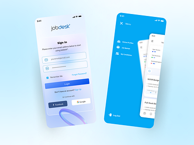 JobDesk Mobile App Glassmorphism Version creative design glassmorphism job portal minimal mobile app ui ui ux ux