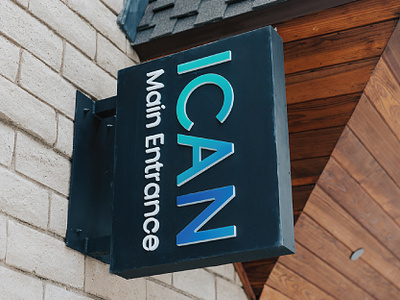 ICAN brand identity branding entry sign gradients non profit non profit branding sign signage wordmark