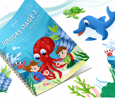 Book cover illustration with ocean and kids animals book cover brand character cartoon character design children children illustration cover design crab delphin digital art drawing kids ocean octopus pupils sea