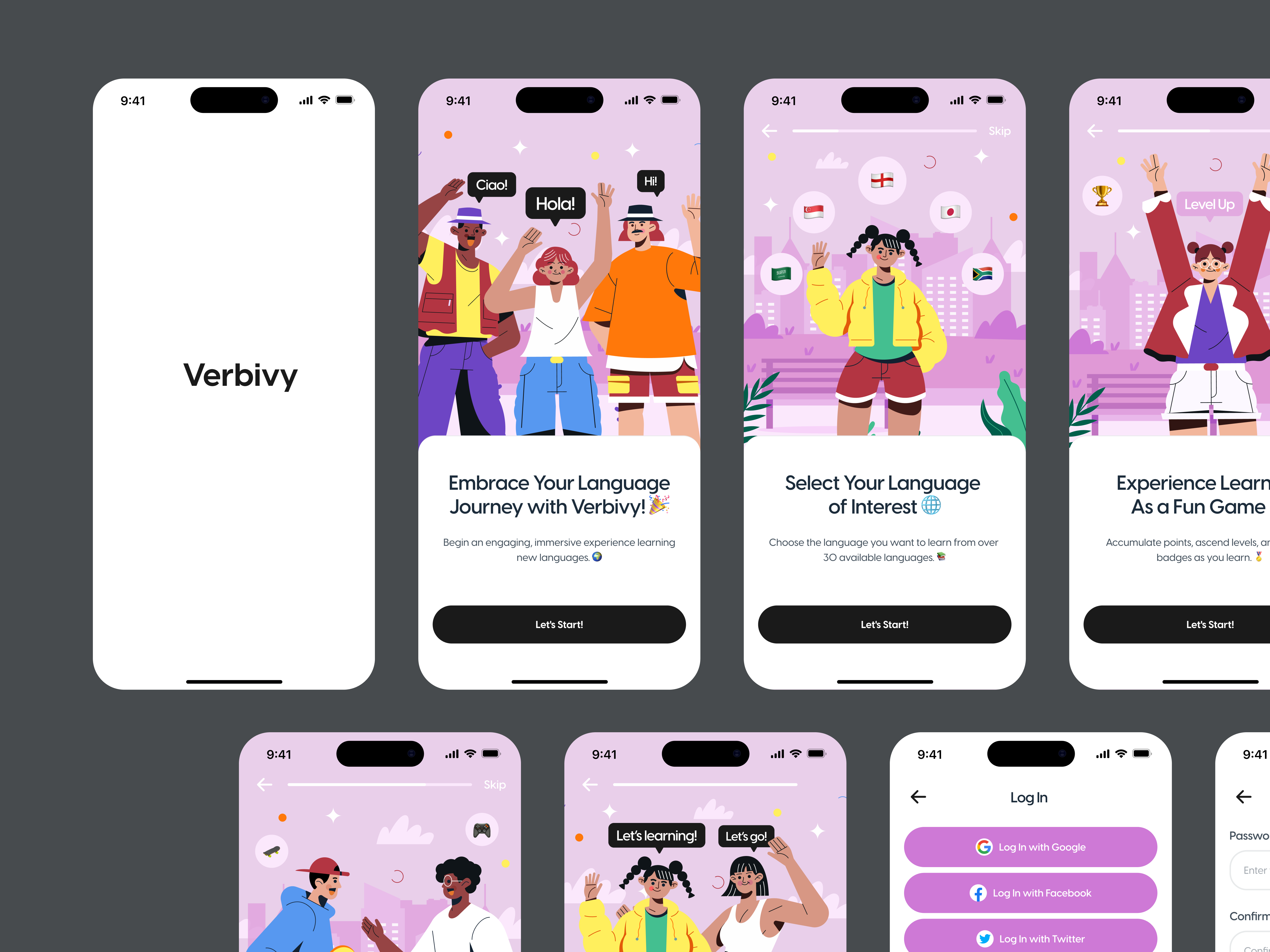Verbivy - Onboarding, Register, Log In, Forgot Password app confirm email design forgot password input field language learning log in login mobile mobile app mobile kit modal onboarding register registration sign in sign up splash screen ui kit