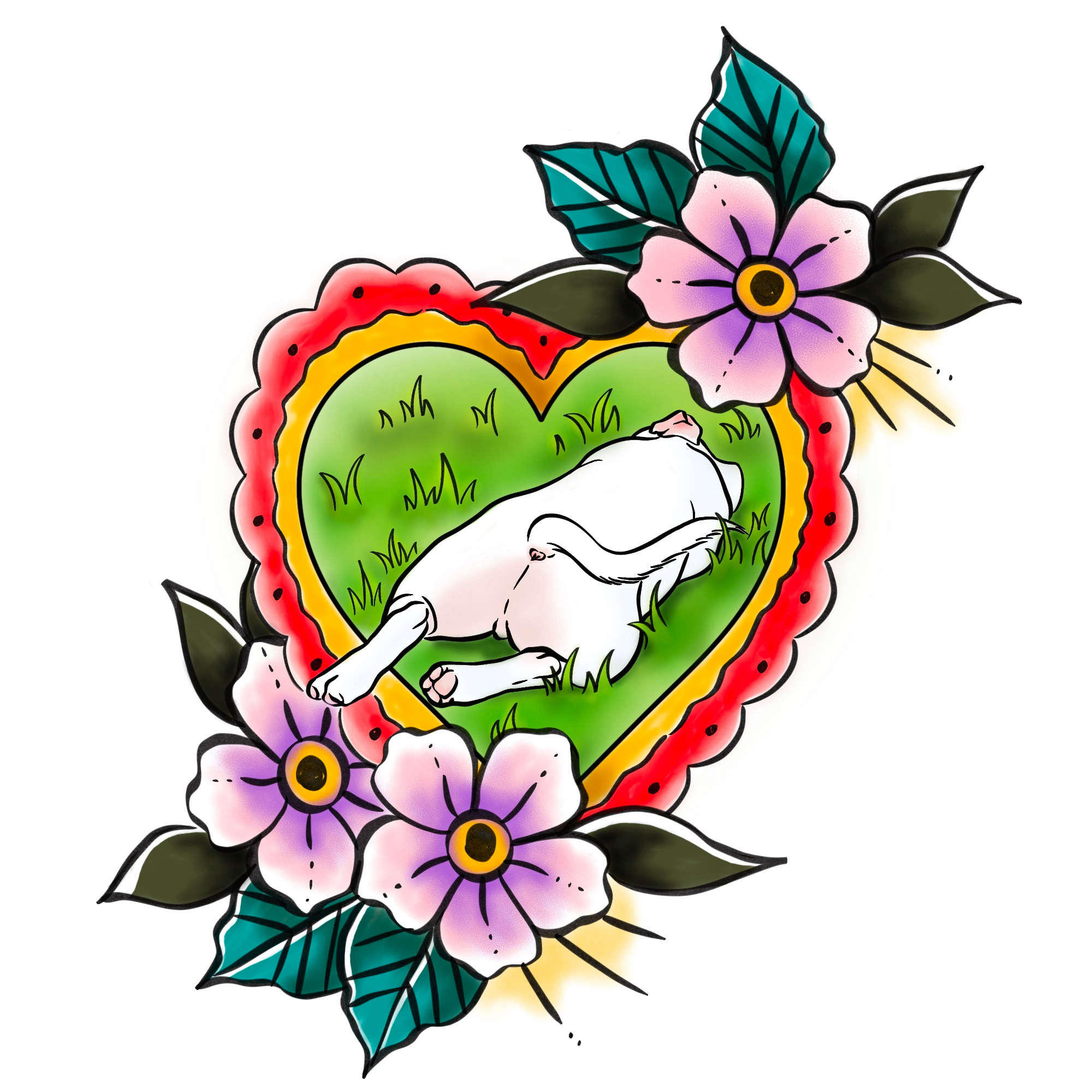 Eggy-Boy classic tattoo dog dog portrait dog tattoo drawing flowers hand drawn handdrawn heart heart tattoo illustration pit bull tattoo traditional tattoo white dog