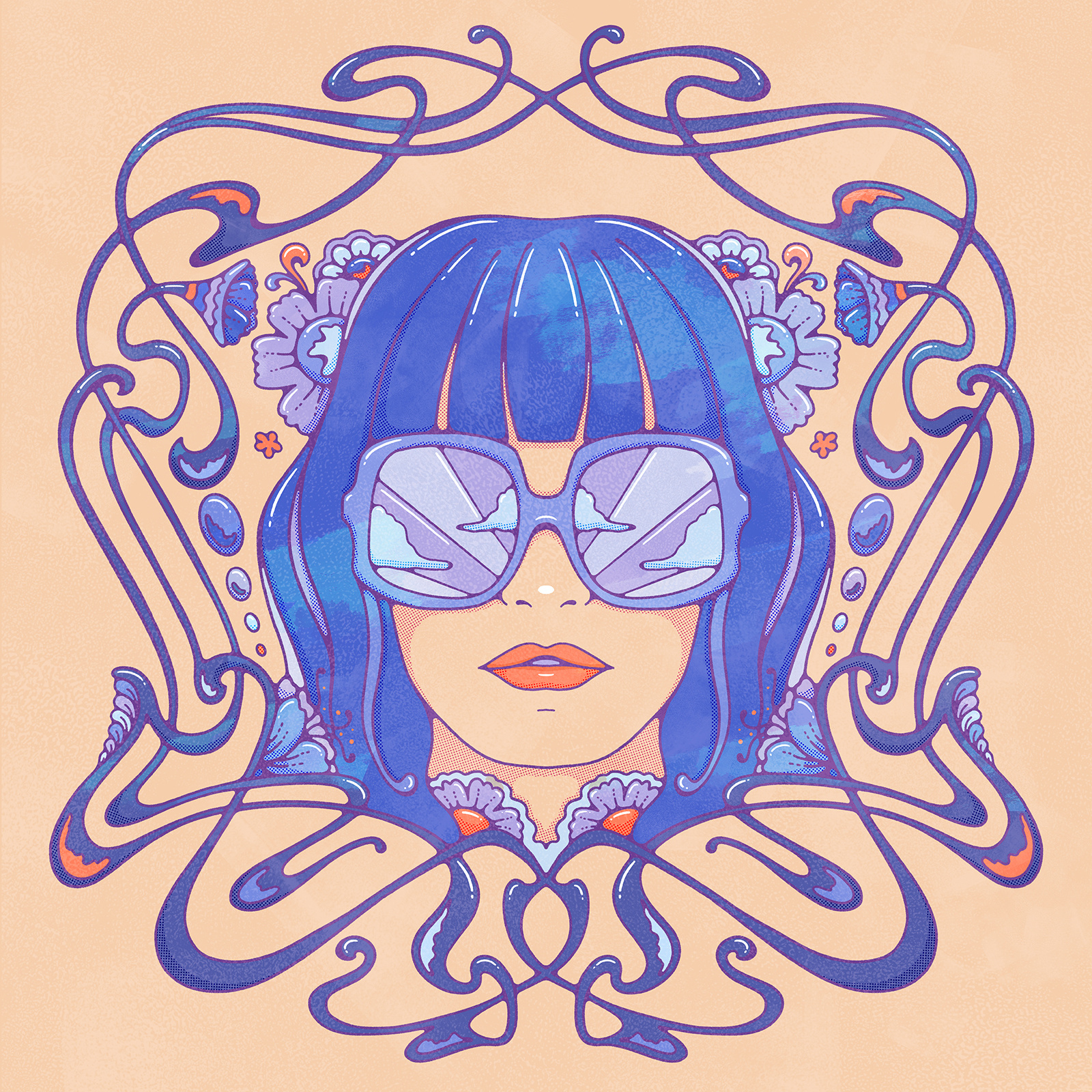 Shades of Blue 1960s 70s art nouveau blue colorful design female portrait flowers groovy halftone hippie illustration livelyscout modern retro pattern pop procreate psychedelic retro vintage illustration