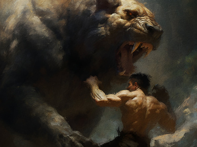Into the fray art movement battle beast confidence digital art emotion fight graphic design inspiration into the fray man mental health metaphor muscular oil painting print symbolism