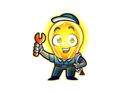Electrician Light Bulb Mascot Character Holding Cables & Wrench branding cables cartoon character design electrician electrician logo friendly mascot handyman home service logo light bulb light bulb mascot lightning bolt mascot mascot design mascot logo repairman retro retro mascot logo