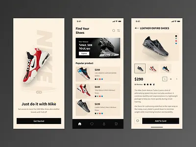 Shoes E-commerce Application app bottom menu branding clean design details screen e commerce ads card ecommerce ecommerce app nike offer card shoes app splash screen e commerce ui