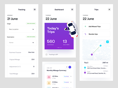 Cardata Mobile Mileage UI android car cardata dashboard drive driver ios location map mileage mileage tracking mobile mobile app product design reimburse reimbursement tracker uber uiux vehicle