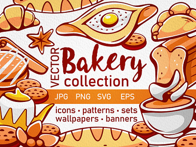 Baking & Tea Cartoon Illustration baguette branding cake cartoon cinnamon clip art comic cookie croissant cup dumpling graphic design icon khachapuri patterns spice stickers teapot vector wallpapers