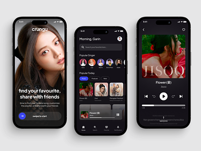 Crungu - Mobile Music Streaming album app dark ui ios app joox mobile app mobile ui music music app music player playlist song sound spotify stream streaming app ui ui design uiux user interface